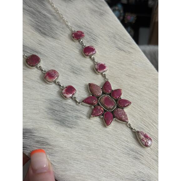 Native American SW Sterling Silver Pink Red Jasper Huge Cluster Necklace Lariat - Picture 15 of 16